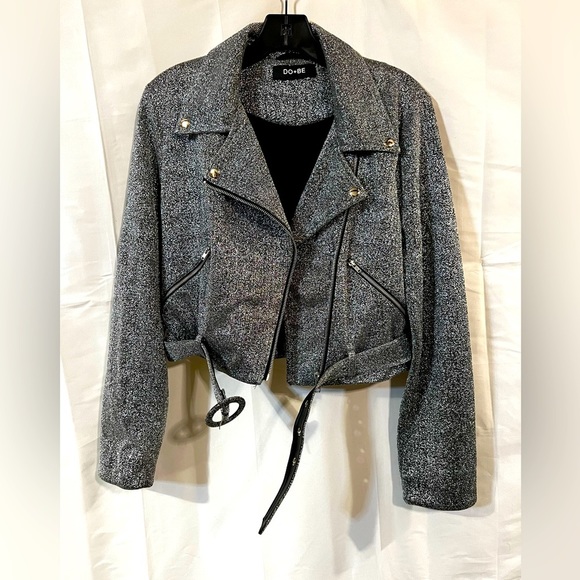 Do and be womens medium biker jacket silver shimmery metallic cropped belted zip - Picture 2 of 14